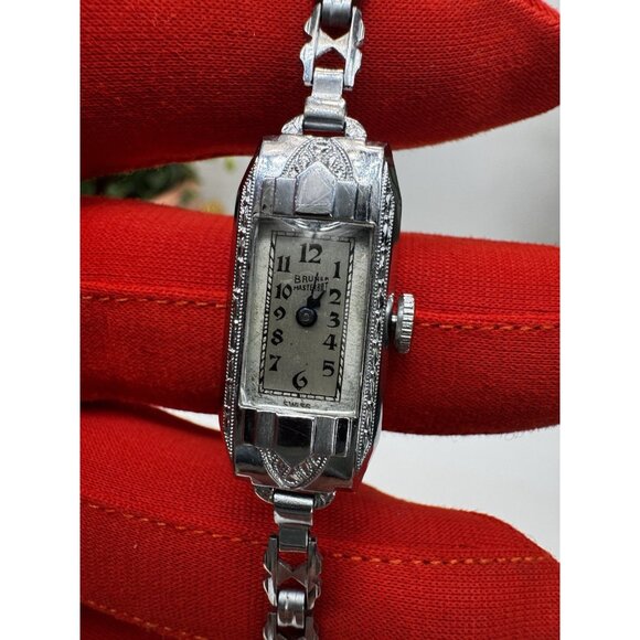 Antique 1930s Bruner Masterbilt Art Deco Swiss Ladies Watch Silver Tone Runs - Picture 2 of 11